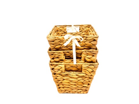 Premium Square Water Hyacinth Baskets with Herringbone Weaving- Set of 3